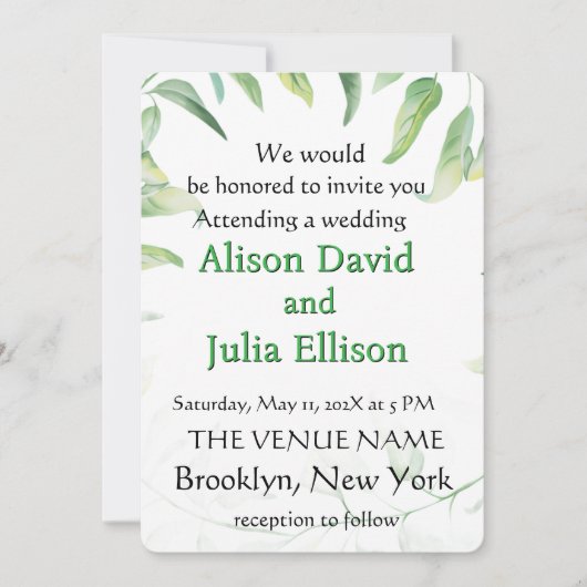 Elegant wedding invitation with green leaves kaart (Voorkant)