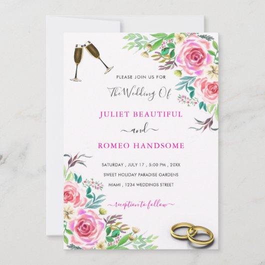 Elegant Wedding Invitation with Rozen and Rings (Voorkant)
