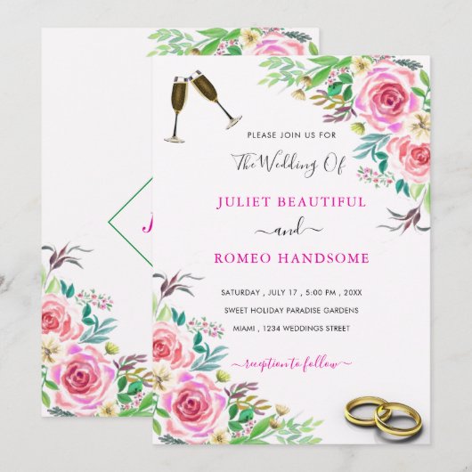 Elegant Wedding Invitation with Rozen and Rings (Voorkant / Achterkant)