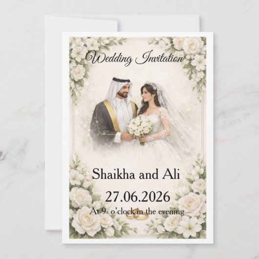 Elegant Wedding Invitation with White Flowers and  Kaart (Voorkant)