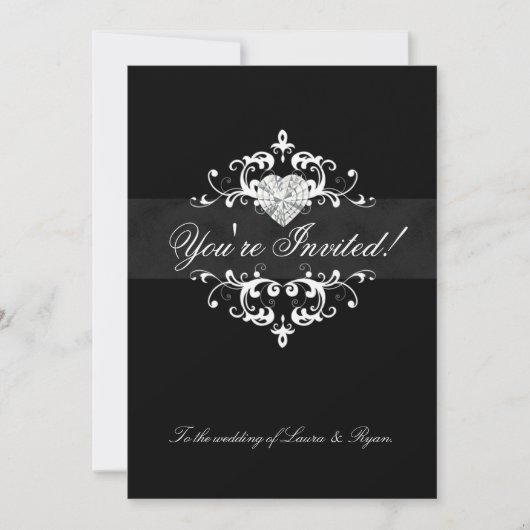 Elegant Wedding Invite Jewel Heart Black White Kaart (Voorkant)