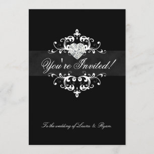 Elegant Wedding Invite Jewel Heart Black White Kaart