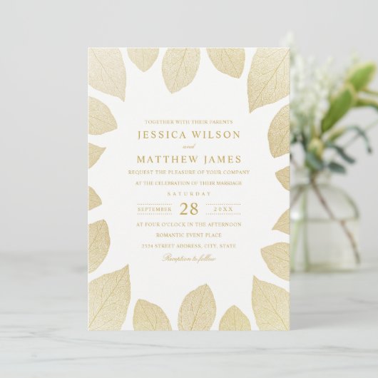 Elegant Wedding Invitting Gold look Fall Leaves Kaart (Staand voorkant)