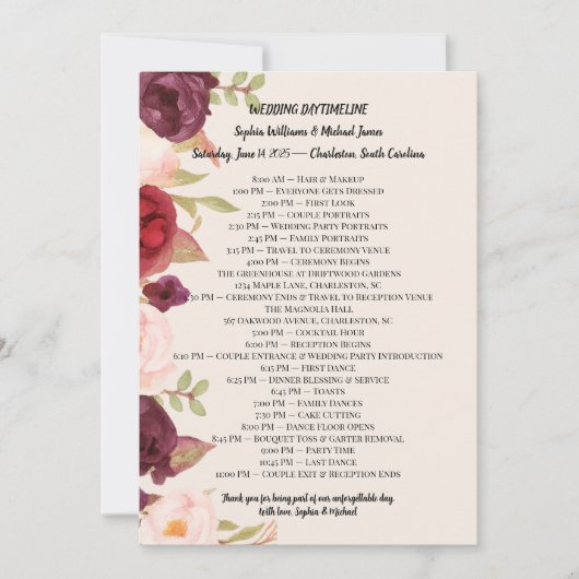 Elegant Wedding Itinerary Card Aankondiging (Voorkant)