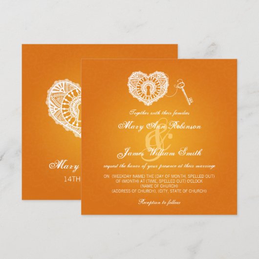 Elegant Wedding Key in mijn hart Sinaasappel Kaart (Voorkant / Achterkant)