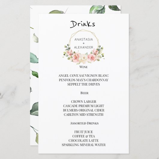 Elegant WEDDING MENU drink. (Voorkant / Achterkant)