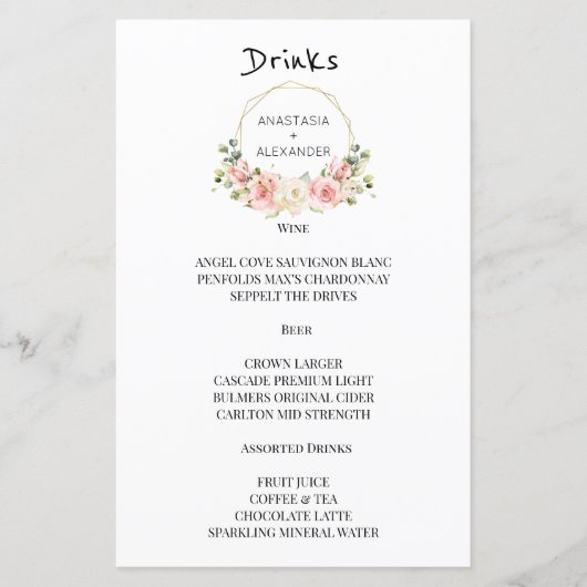 Elegant WEDDING MENU drink. (Voorkant)