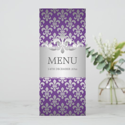 Elegant Wedding Menu Fleur De Lis Paars (Staand voorkant)