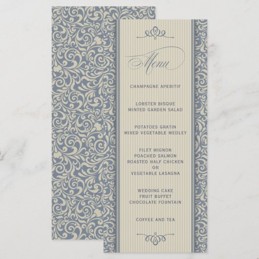 Elegant Wedding Menu in Blue en Beige (Voorkant / Achterkant)
