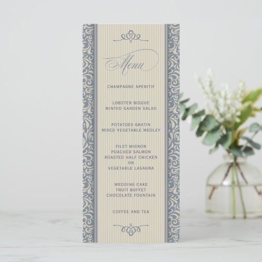 Elegant Wedding Menu in Blue en Beige (Staand voorkant)