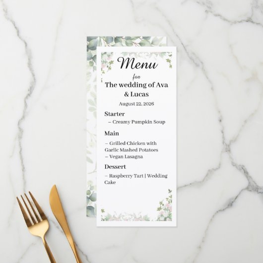 Elegant Wedding Menu Kaart | Aangepast trouwstatio (Voorkant / Achterkant in situ)