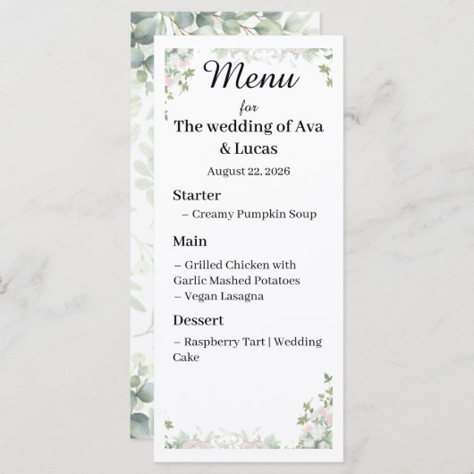 Elegant Wedding Menu Kaart | Aangepast trouwstatio (Voorkant / Achterkant)