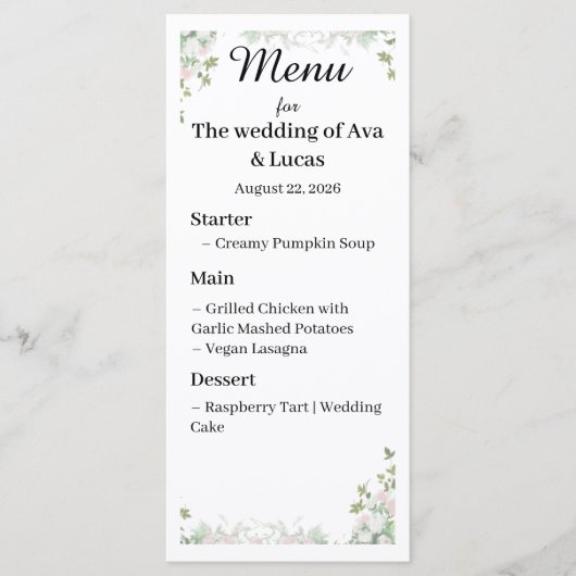 Elegant Wedding Menu Kaart | Aangepast trouwstatio (Voorkant)