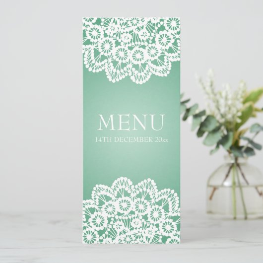 Elegant Wedding Menu  Lace Mint Green (Staand voorkant)