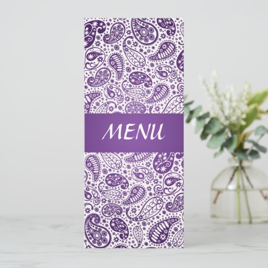 Elegant Wedding Menu Paisley Pattern Paars (Staand voorkant)