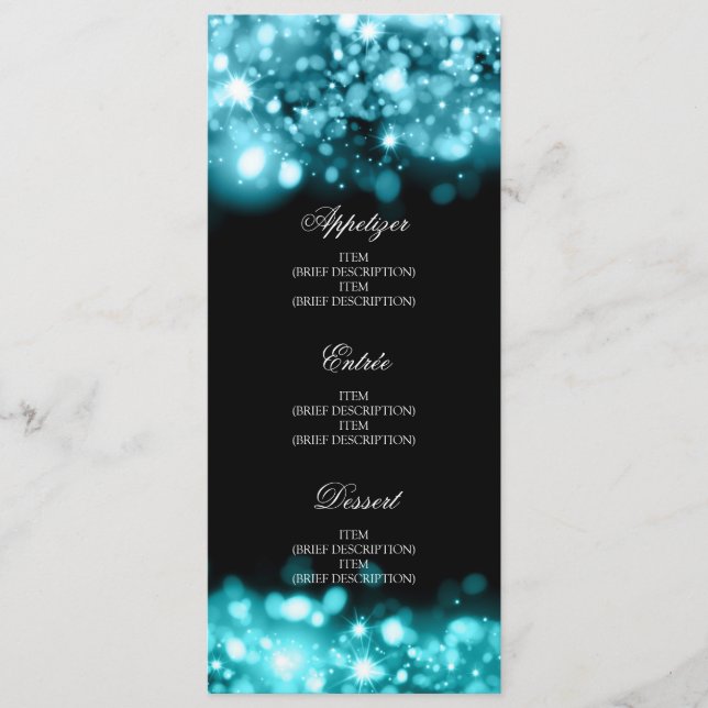 Elegant Wedding Menu Sparking Lights Turquoise (Voorkant)