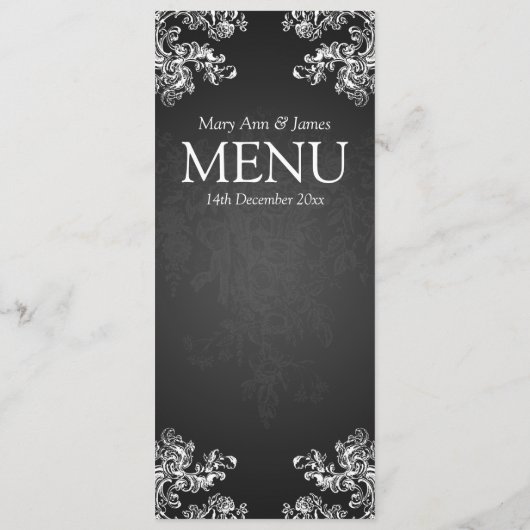 Elegant Wedding Menu Swirls 2 Black (Achterkant)