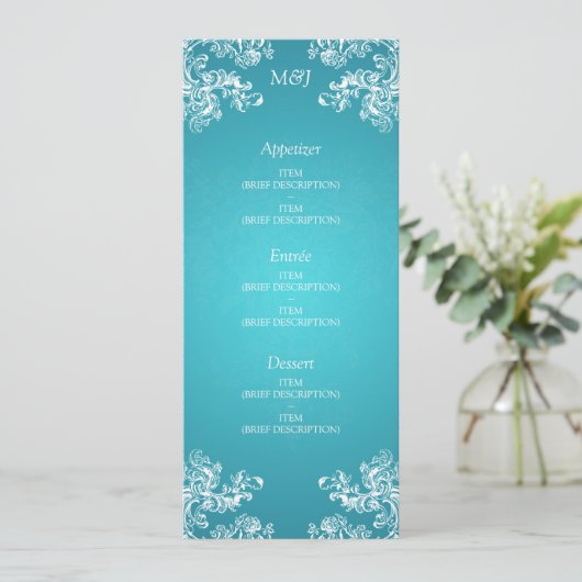 Elegant Wedding Menu  Swirls 2 Turquoise (Staand voorkant)
