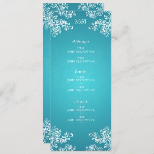 Elegant Wedding Menu  Swirls 2 Turquoise (Voorkant / Achterkant)