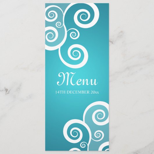 Elegant Wedding Menu White Swirls Blue (Voorkant)