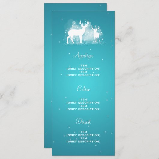Elegant Wedding Menu Winter Deer Sparkle Turquoise (Voorkant / Achterkant)
