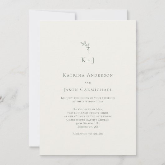 Elegant Wedding Minimal Sage Green Monogram Kaart (Voorkant)