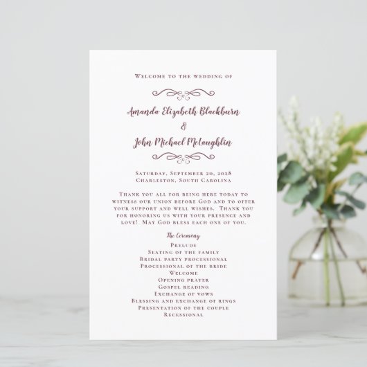 Elegant Wedding Modern Ceremony Burgundy Programme (Staand voorkant)