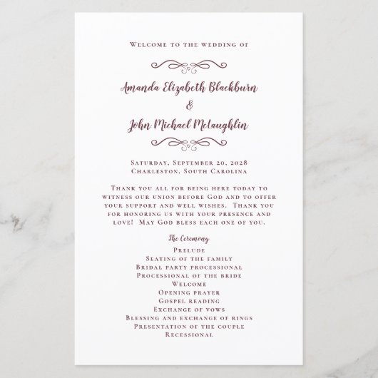Elegant Wedding Modern Ceremony Burgundy Programme (Voorkant)