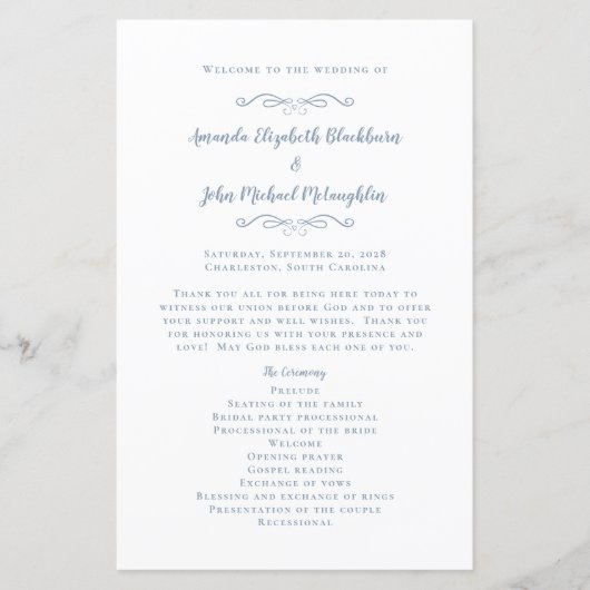 Elegant Wedding Modern Ceremony Dusty Blue Program (Voorkant)