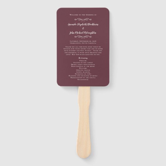 Elegant Wedding Modern Ceremony Program Burgundy Handwaaier (Voorkant)