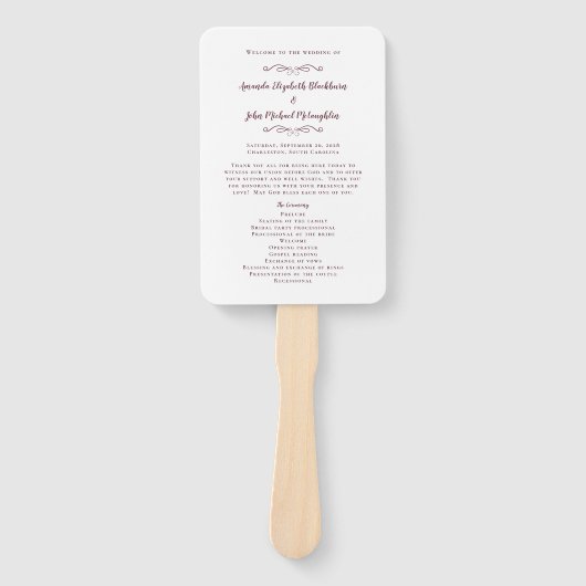Elegant Wedding Modern Ceremony Program Burgundy Handwaaier (Voorkant)