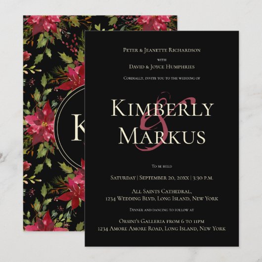 Elegant Wedding Monogram Claret Red Poinsettia Kaart (Voorkant / Achterkant)