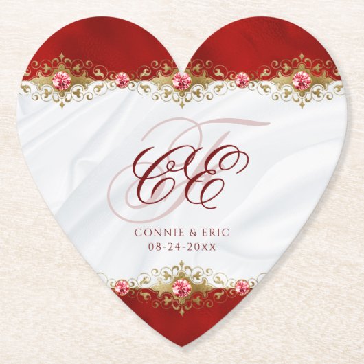 Elegant Wedding Monogram Red Gold Floral Kartonnen Onderzetters (Voorkant)