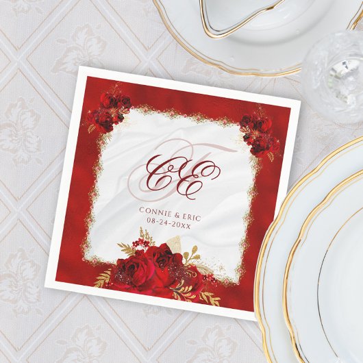 Elegant Wedding Monogram Red Gold Floral Servet