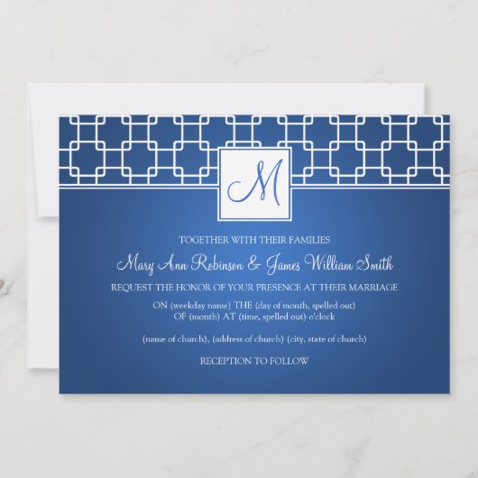 Elegant Wedding Monogram Trellis Pattern Blue Kaart (Achterkant)