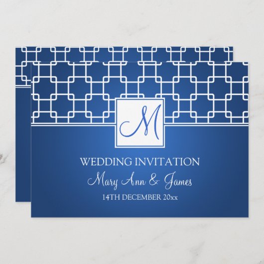 Elegant Wedding Monogram Trellis Pattern Blue Kaart (Voorkant / Achterkant)