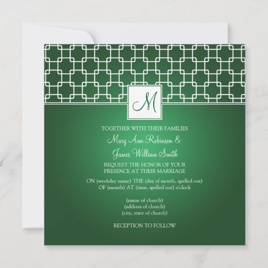 Elegant Wedding Monogram Trellis Pattern Green Kaart (Achterkant)