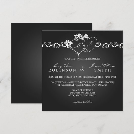 Elegant Wedding Monogrammed Hearts Black Kaart (Voorkant / Achterkant)