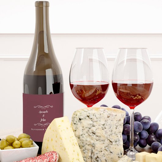 Elegant Wedding Names Datum Calligrafie Burgundy Wijn Etiket