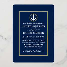 Elegant Wedding Nautical Anchor Navy Blue Gold Folie Uitnodiging