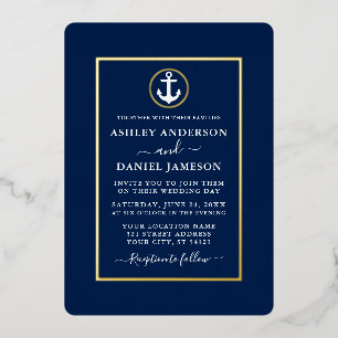 Elegant Wedding Nautical Anchor Navy Blue Gold Folie Uitnodiging