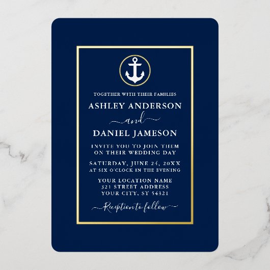 Elegant Wedding Nautical Anchor Navy Blue Gold Folie Uitnodiging (Voorkant)