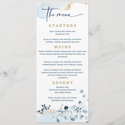 Elegant Wedding Navy Blue en Gold Menu (Voorkant)