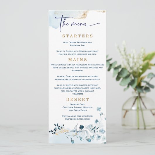 Elegant Wedding Navy Blue en Gold Menu (Staand voorkant)