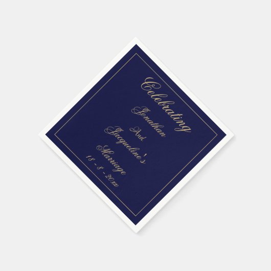 Elegant Wedding Personalized Navy Blue Gold Paper Servet (Hoek)