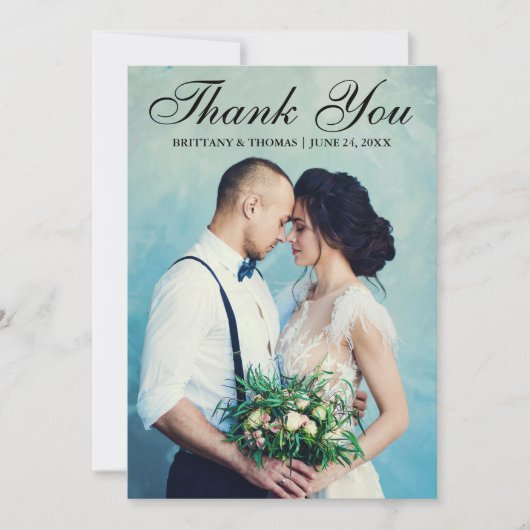 Elegant Wedding Photo Black Script Bedankkaart (Voorkant)