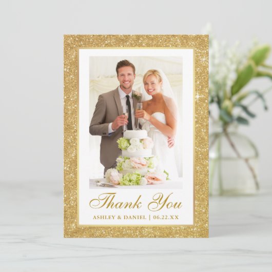 Elegant Wedding Photo Gold Glitter Lijst Bedankkaart (Staand voorkant)