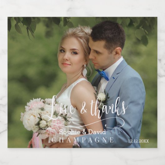 Elegant Wedding Photo Love & Bedankt Typografie Sparkling Wijnetiket (Enkel label)