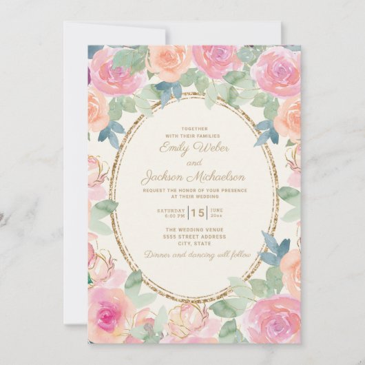 Elegant Wedding Pink Peach Waterverf Floral Gold Kaart (Voorkant)