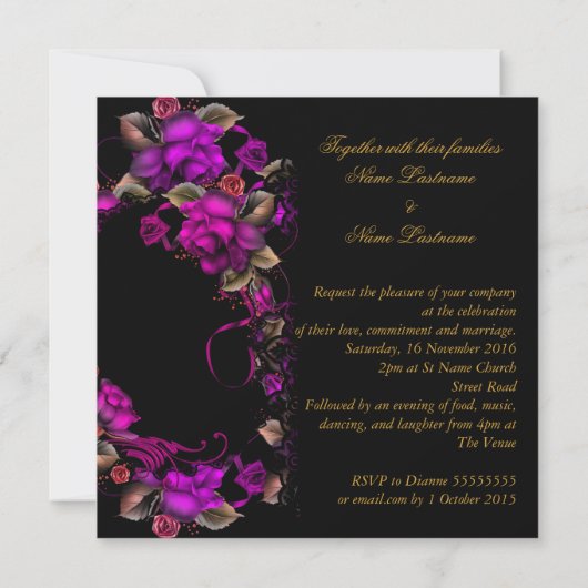 Elegant Wedding Pink Plum Roos Black Kaart (Achterkant)
